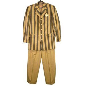 Mens Vintage Falcone Tan & Brown Striped 3-Piece Suit Polyester Blend Size 40L